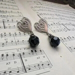 Elegant Silver Heart Earrings with Black Gemstones